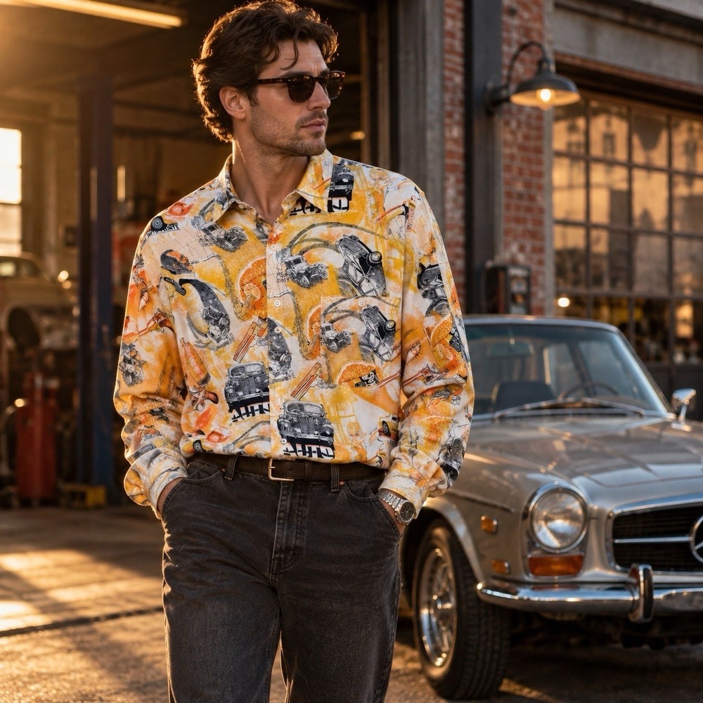 Vintage 90s Le Frog Shirt L Crazy Print Cars Guns Saxophone All Over Graphic